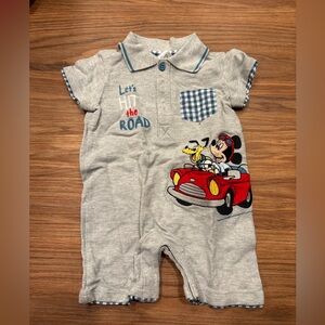 Disney Mickey Mouse Grey Embroidered Plaid Pocket Onesie